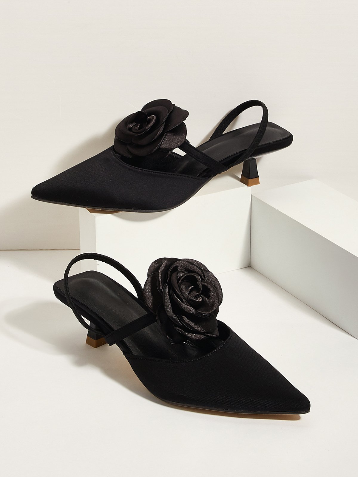 Elegant Rosa Satin Kätzchen Stöckel Slingback Pumps