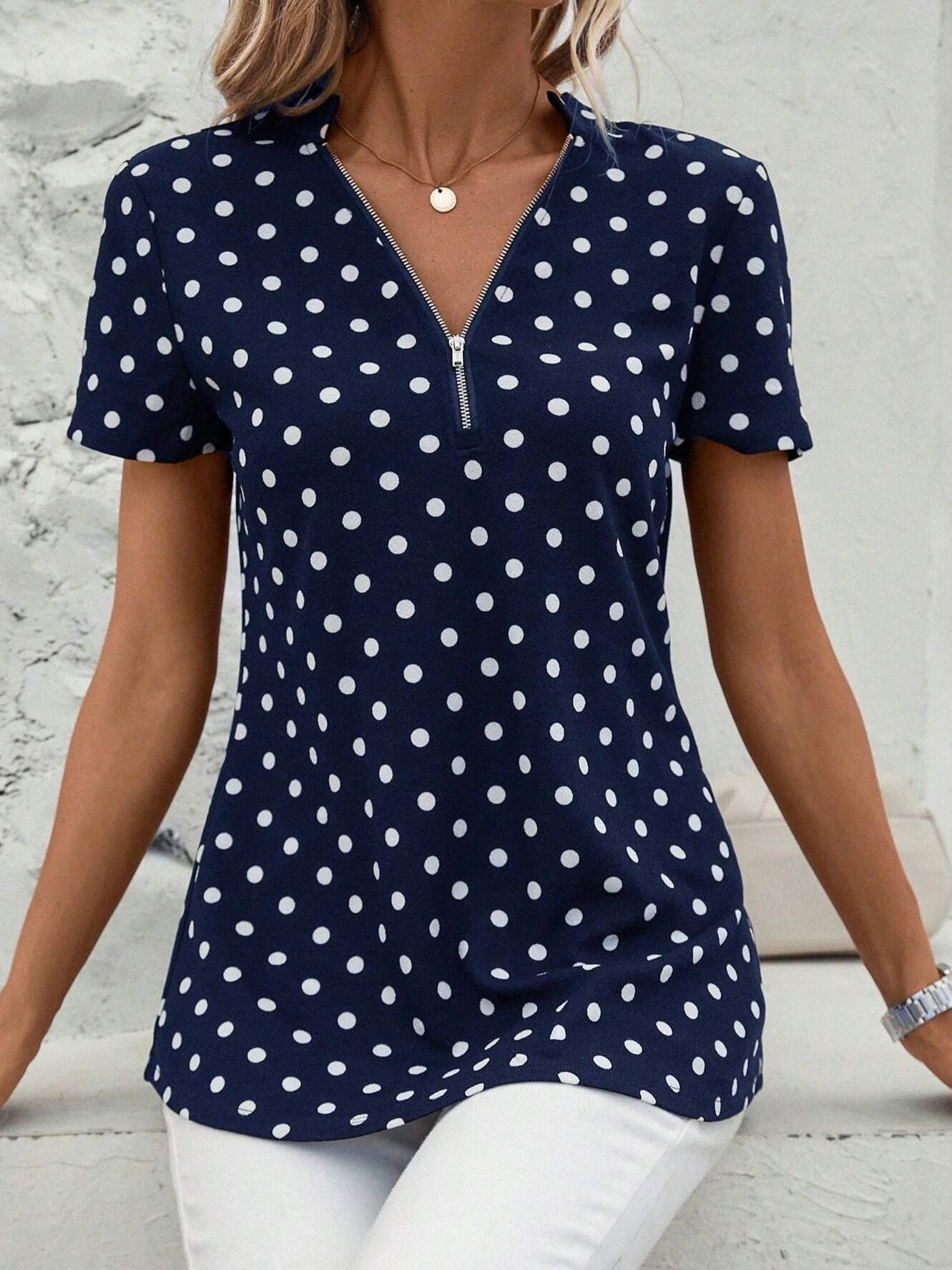 Damen Kurzarm Bluse Sommer Petrol Blau Polka Dots Reißverschluss V-Ausschnitt Ausgehen Oberteile