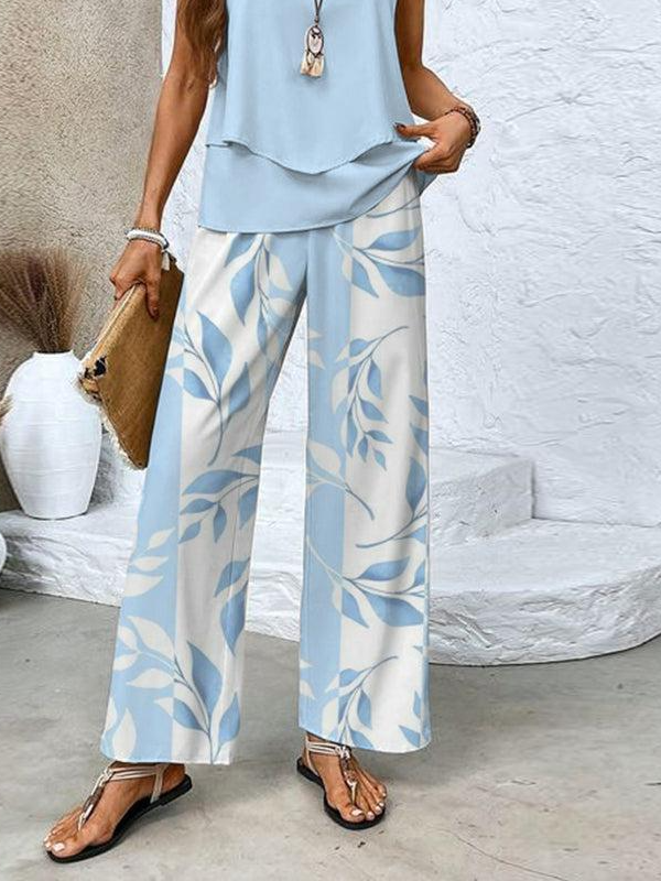 Damen Blätter Täglich Ausgehen Zweiteiliges Set Lässig Sommer Bluse mit Hose Matching Set
