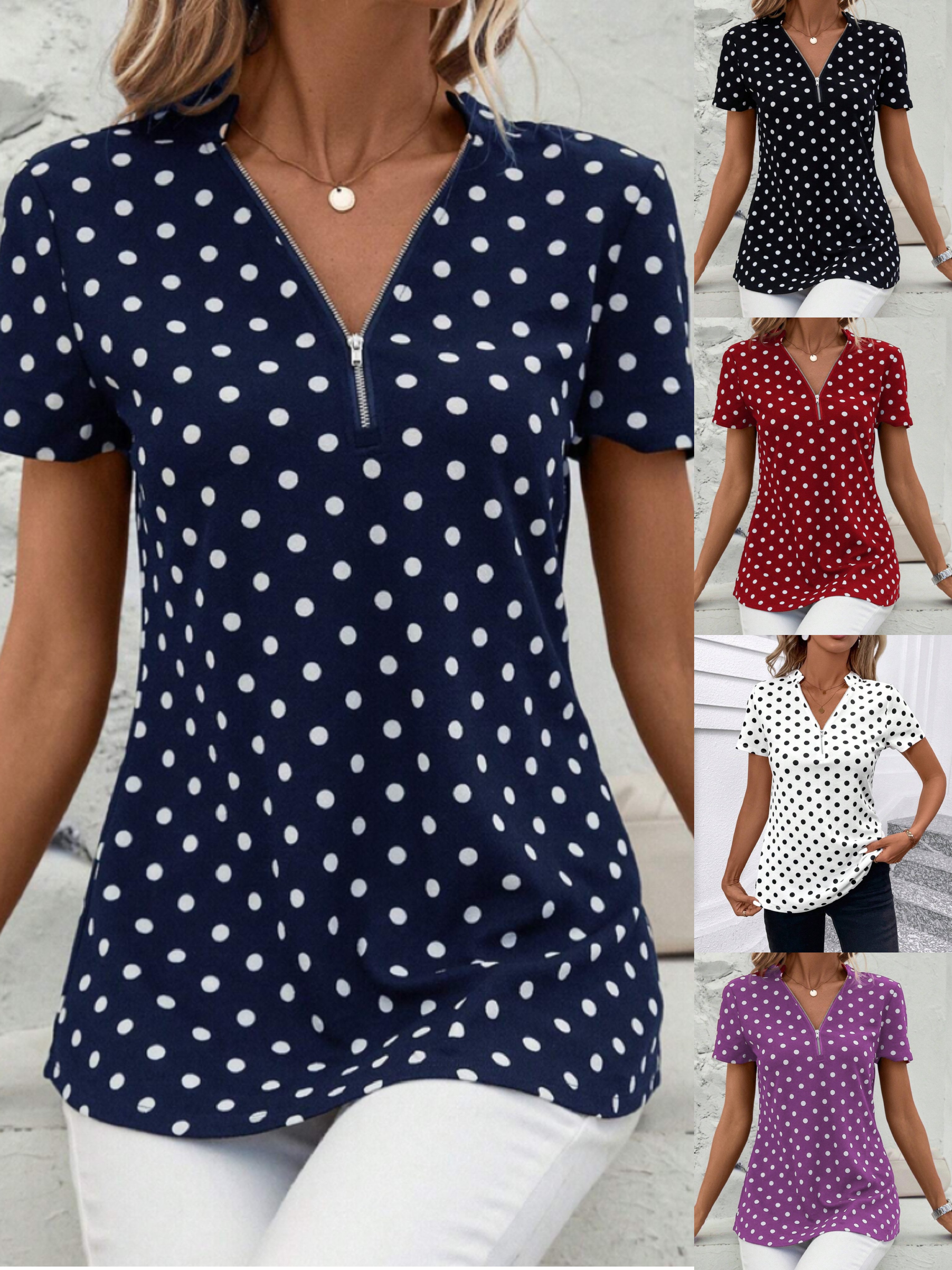 Damen Kurzarm Bluse Sommer Petrol Blau Polka Dots Reißverschluss V-Ausschnitt Ausgehen Oberteile