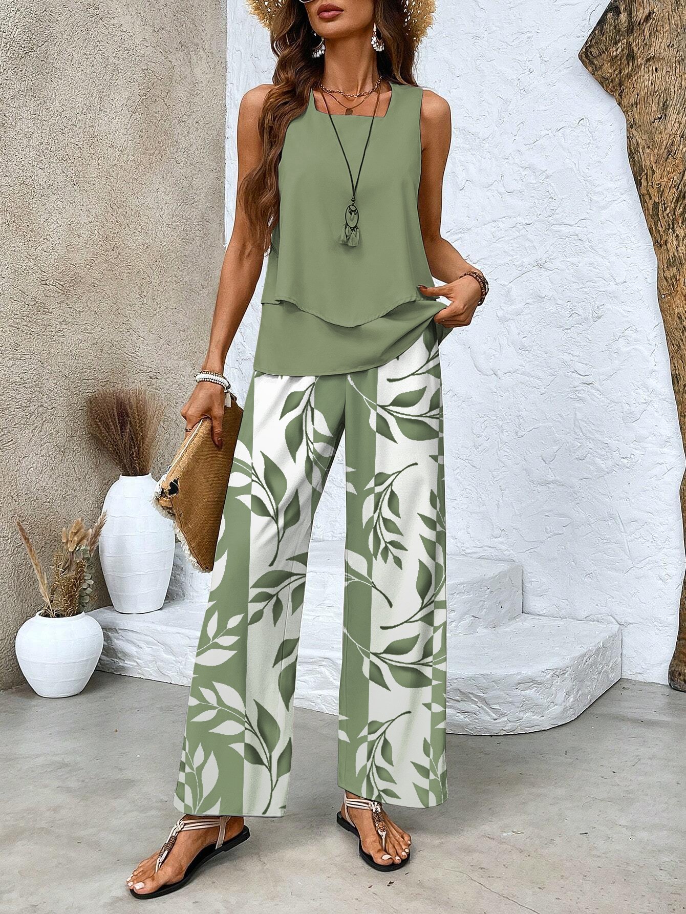 Damen Blätter Täglich Ausgehen Zweiteiliges Set Lässig Sommer Bluse mit Hose Matching Set