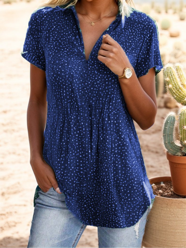 Damen Kurzarm Bluse Sommer Grün Polka Dots Baumwolle Hemdkragen Täglich Ausgehen Lässig Oberteile