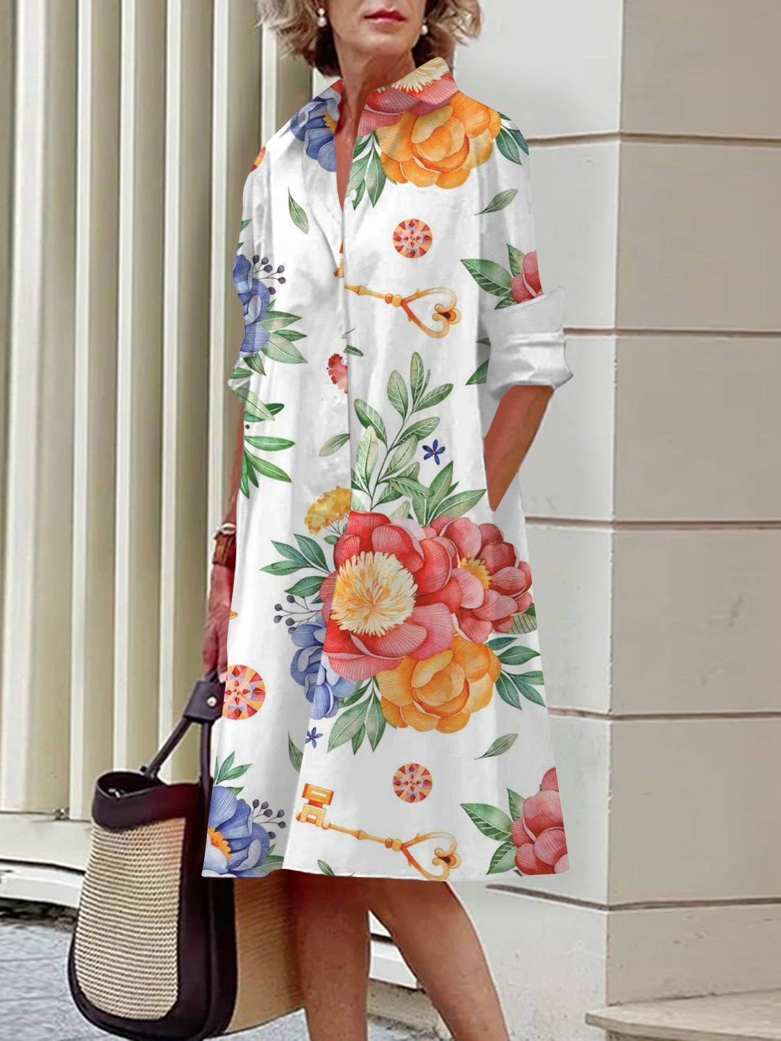 Lässig Regelmäßige Passform Hemdkragen Kleid mit Nein
