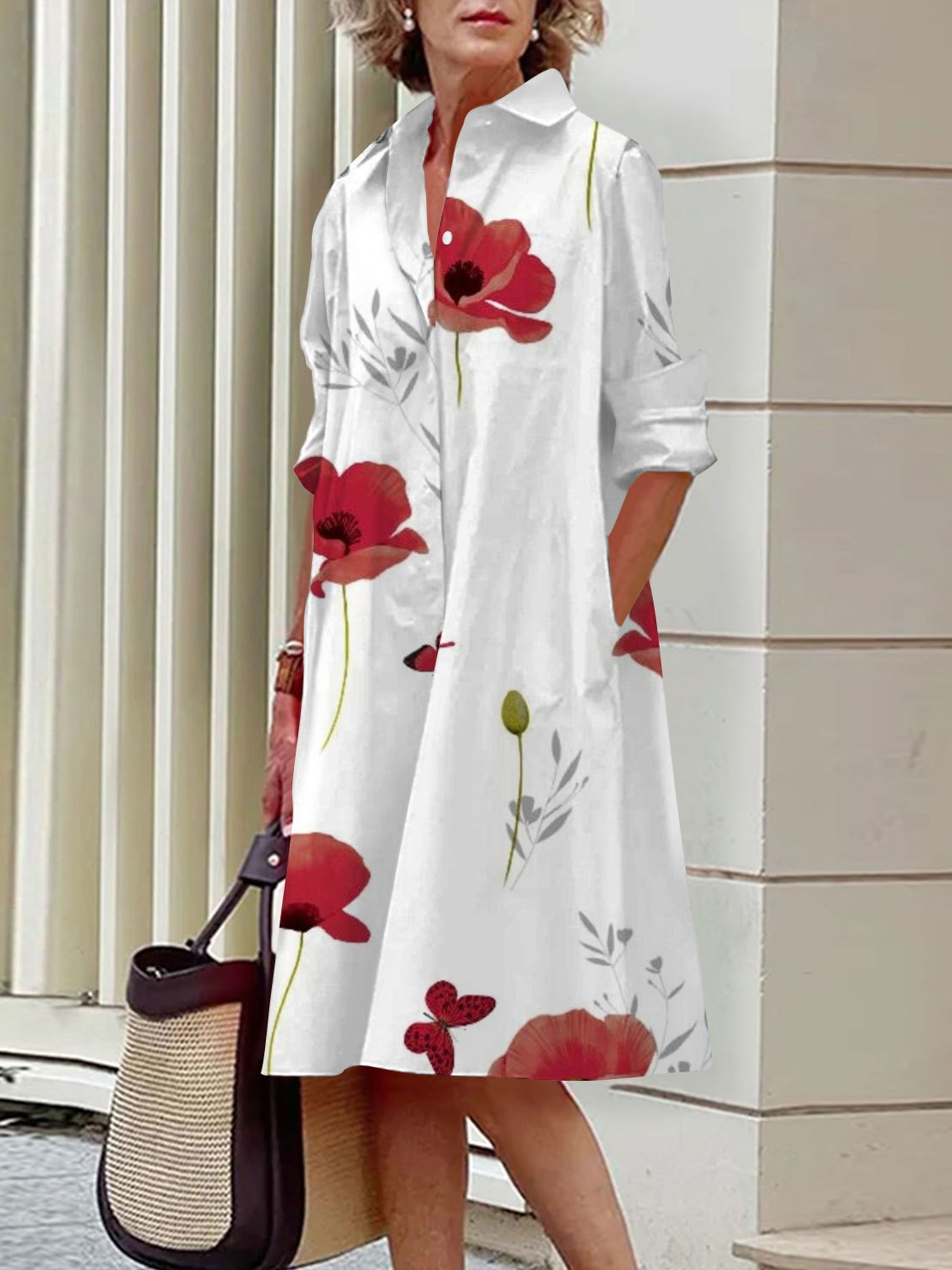 Lässig Regelmäßige Passform Hemdkragen Kleid mit Nein