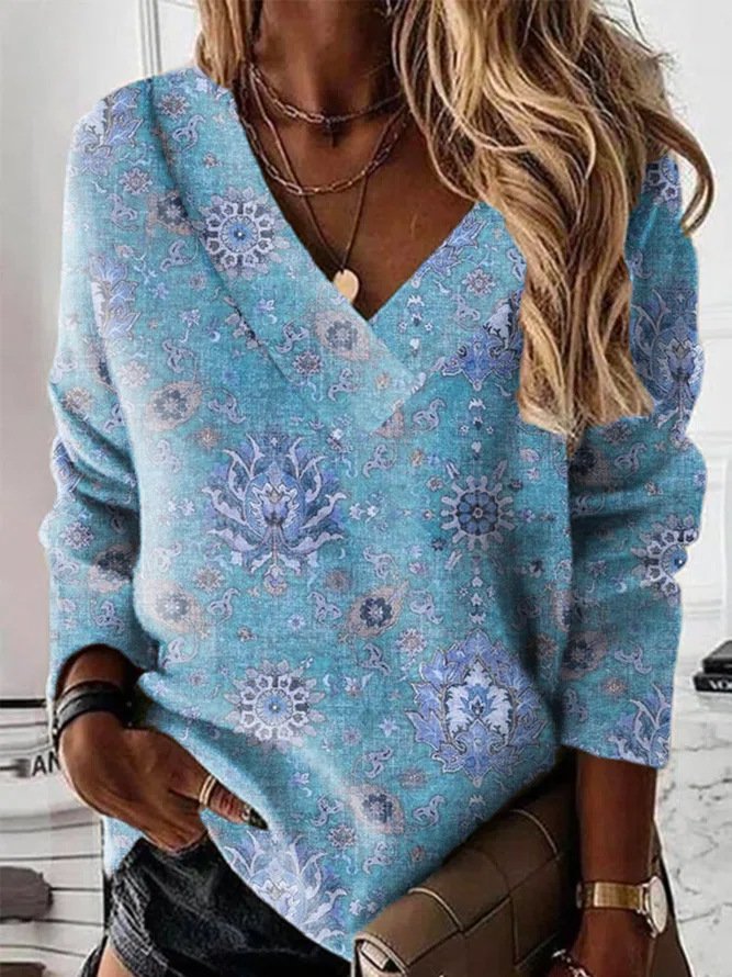 V-Ausschnitt Ethnisch Regelmäßige Passform Lässig Sweatshirt