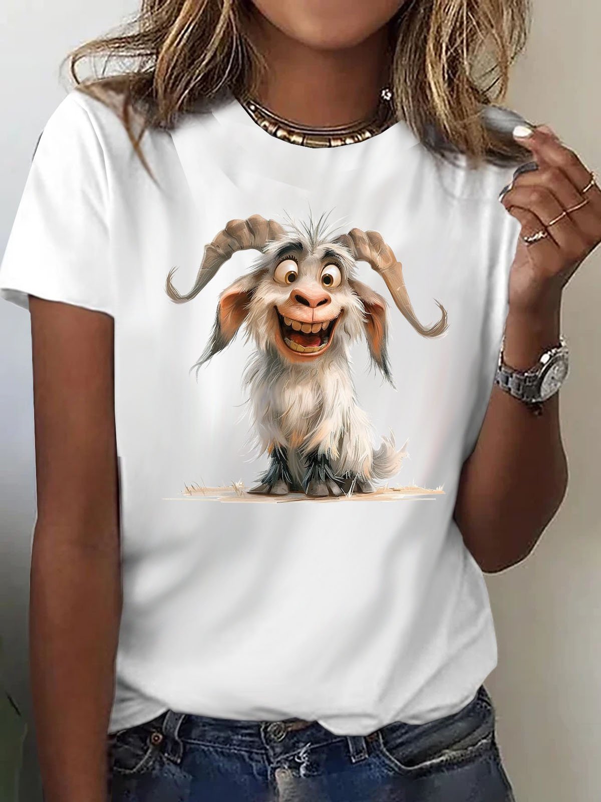 Lustig Schaf Print Rundhals Baumwolle Lässig T-Shirt