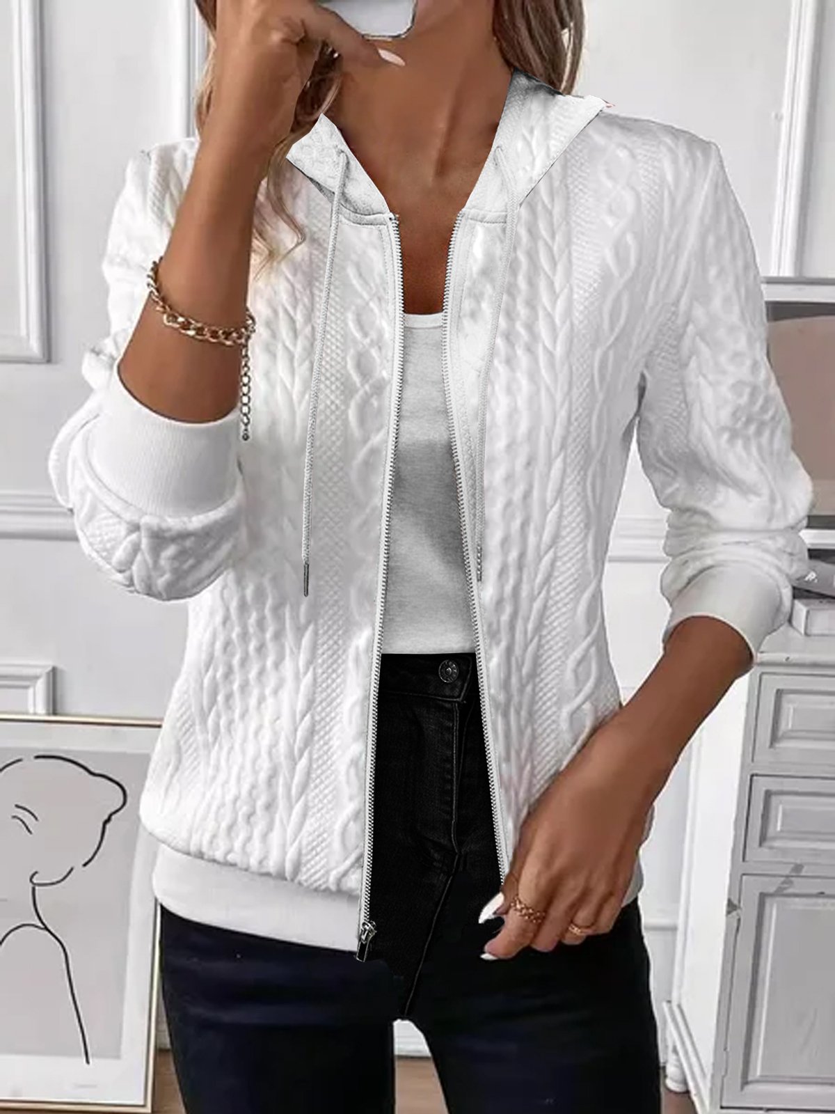 Kapuze Jacquard Reißverschluss Lässig Jacke