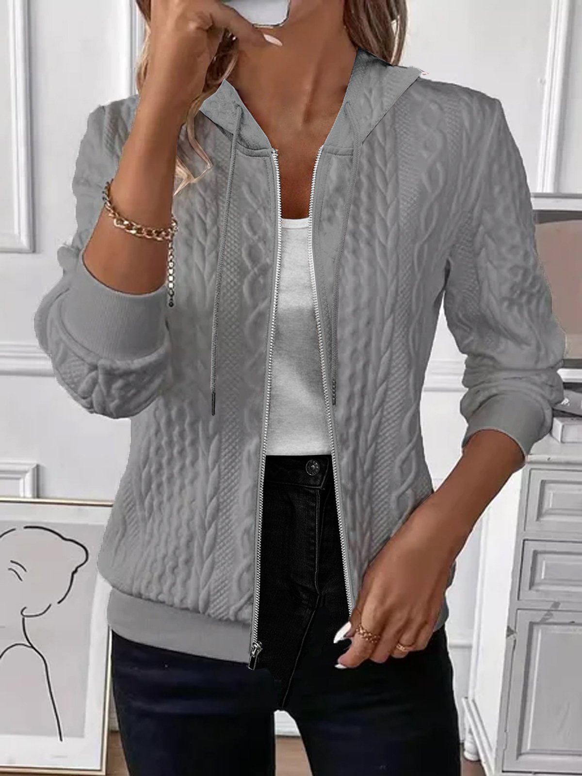 Kapuze Jacquard Reißverschluss Lässig Jacke