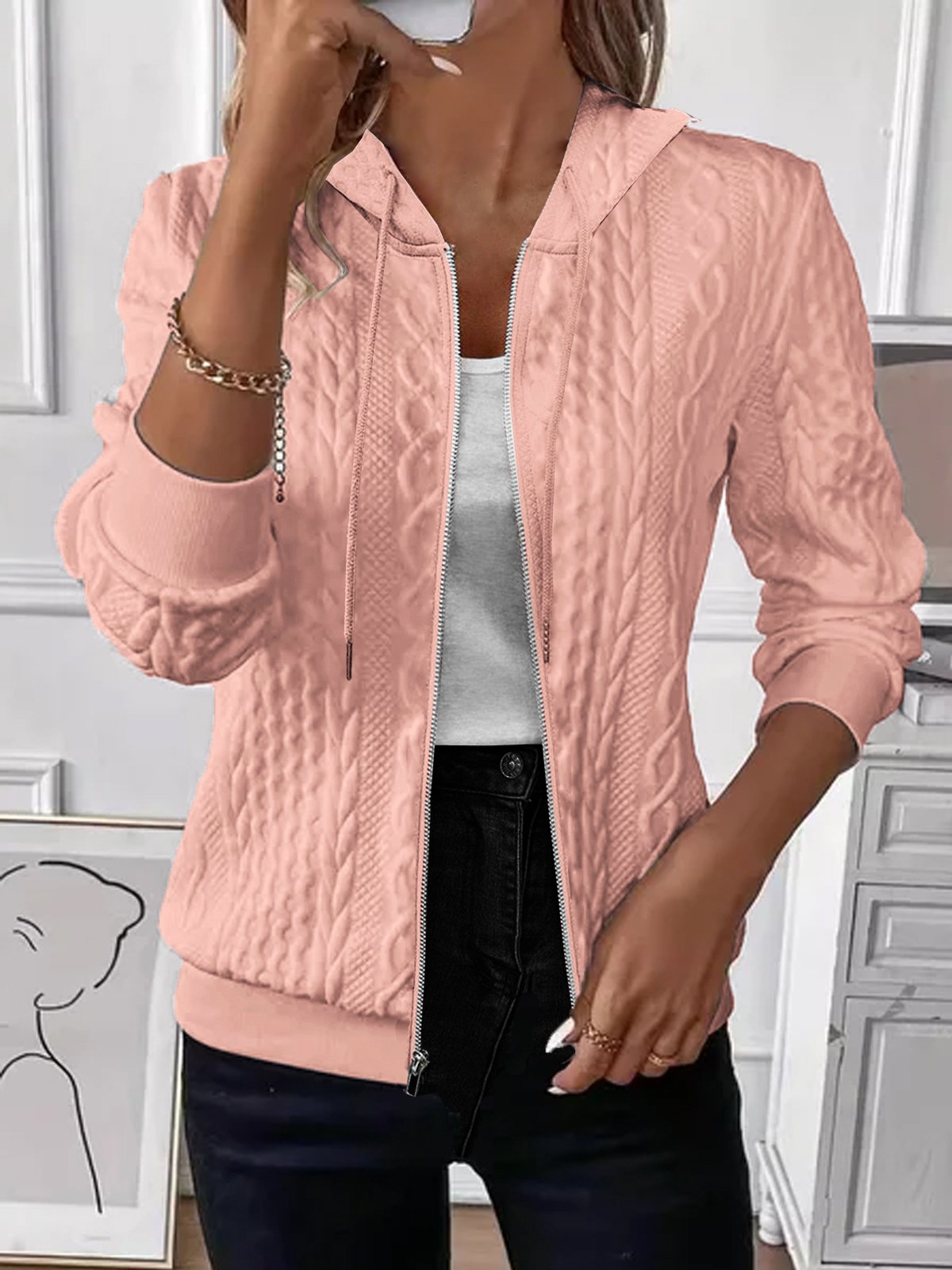 Kapuze Jacquard Reißverschluss Lässig Jacke