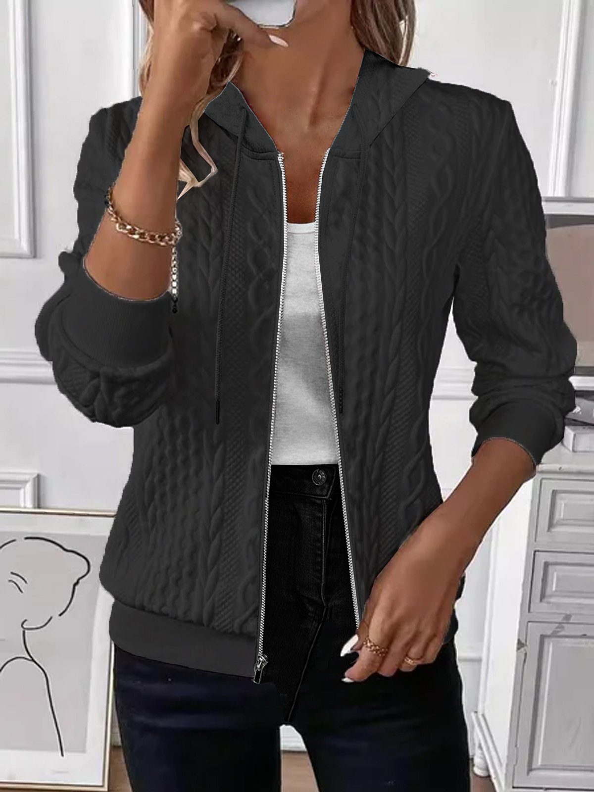 Kapuze Jacquard Reißverschluss Lässig Jacke