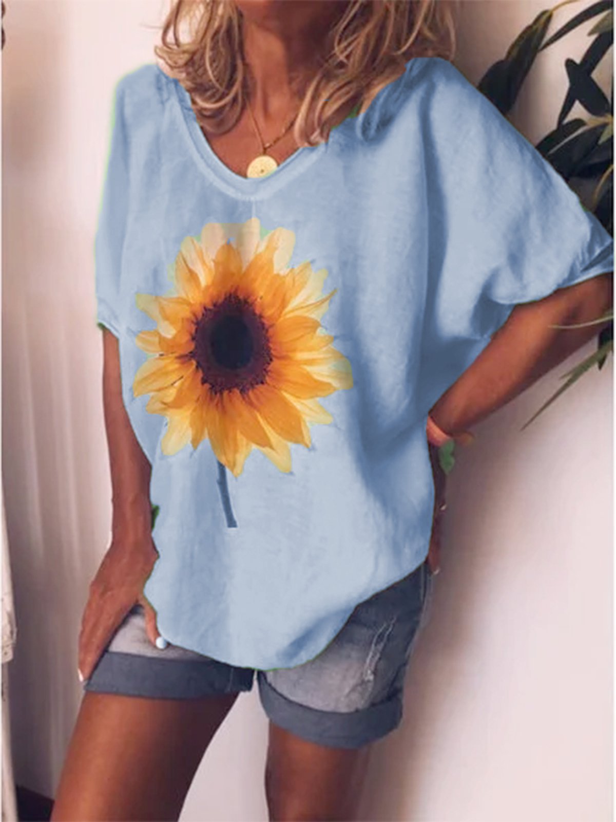 Weit Lässig Sonnenblume Print Kurzarm Rundhals T-Shirt