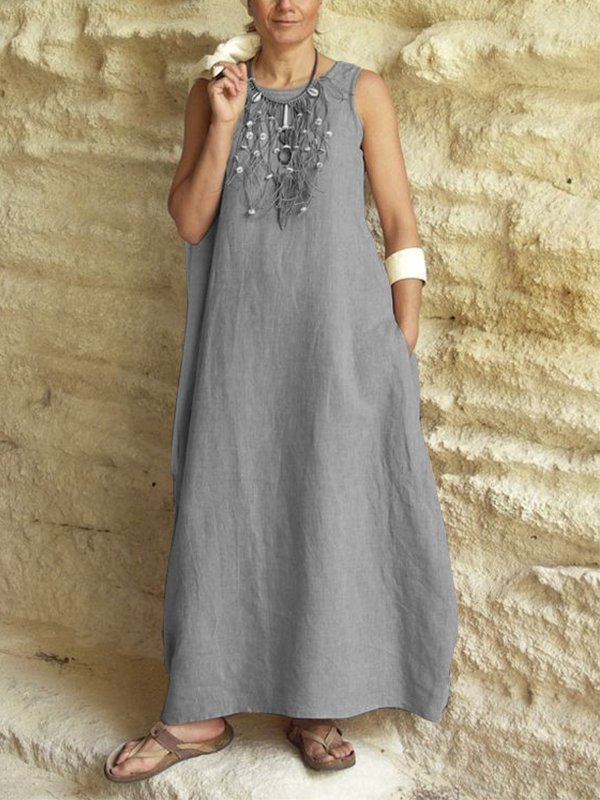 Modetalente Lässiges Ärmelloses Einfach Rundhals Maxikleid Mit Taschen