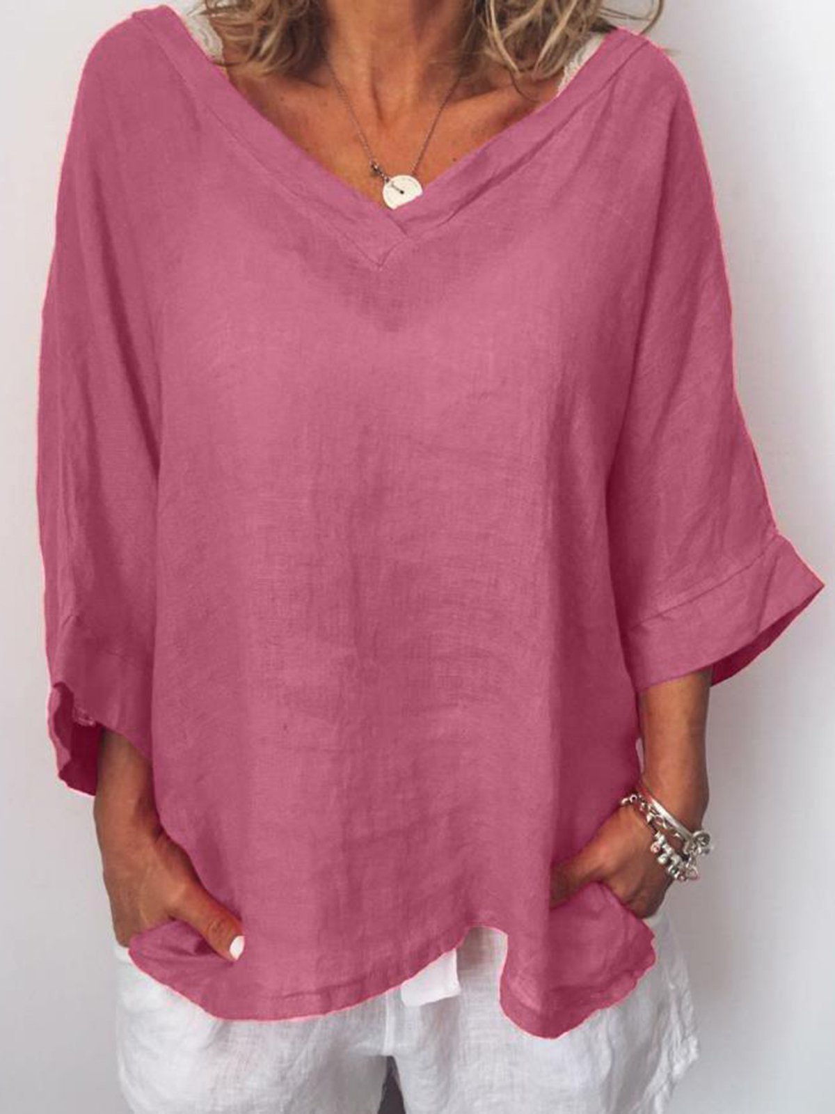 Modetalente Lässige Große Größen Unifarben 3/4 Ärmel Blusen&Shirts mit V-Ausschnitt