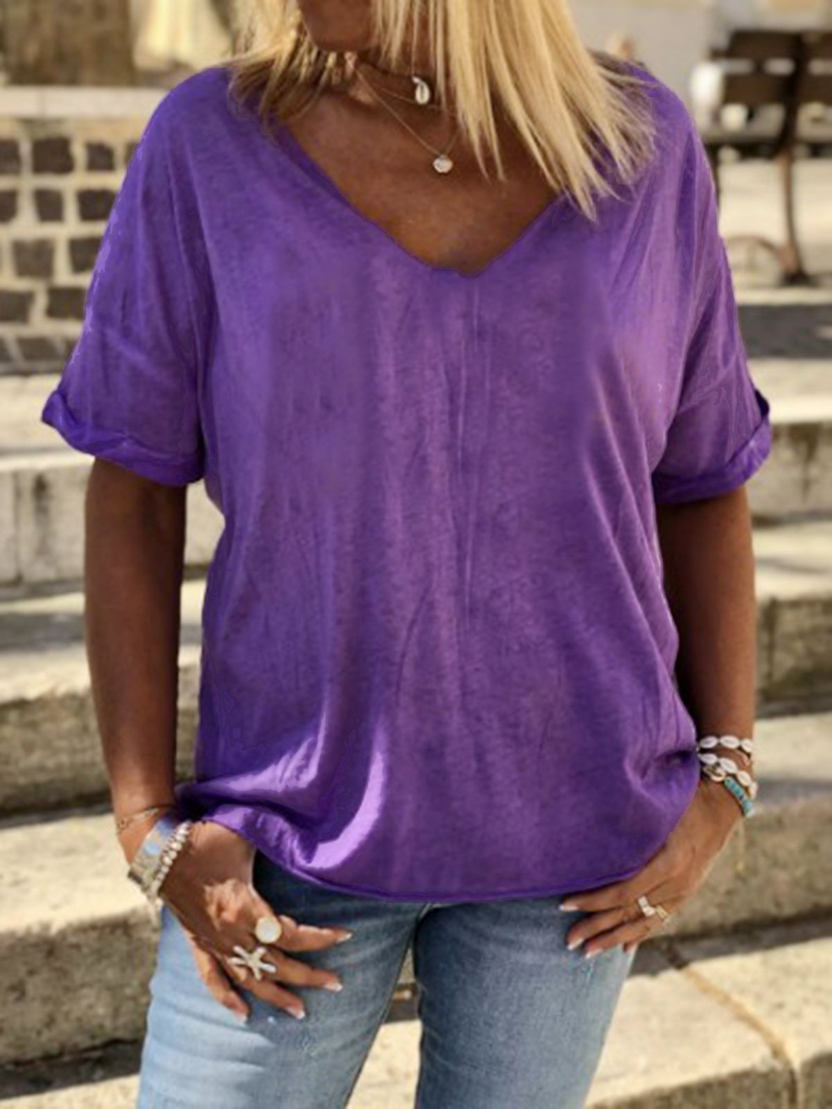 Modetalente Wahrscheinlich mehr Kurzarm 1 Lila Schwarz Blau Rot Grün Damen T-Shirts V-Ausschnitt Baumwollgemisch Lässig Alltag T-Shirts