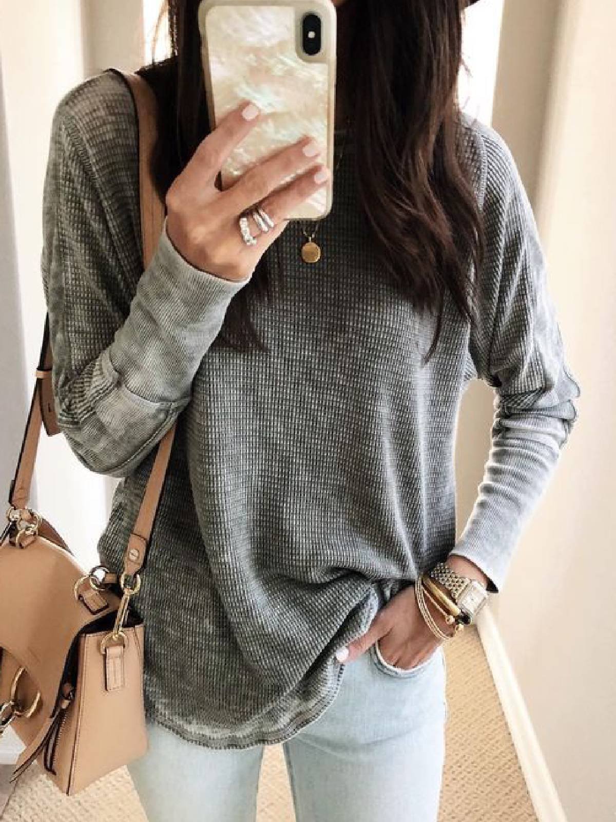 Modetalente Grauer Langarm-Pullover mit Rundhalsausschnitt aus einer Baumwollmischung und Strickjacken