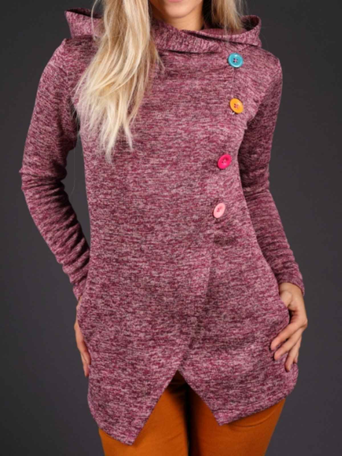 Modetalente Langarm 1 Burgundy Damen Kapuzenpullover Lässig Kapuze Baumwollgemisch Asymmetrisch Täglich Kapuzenpullover
