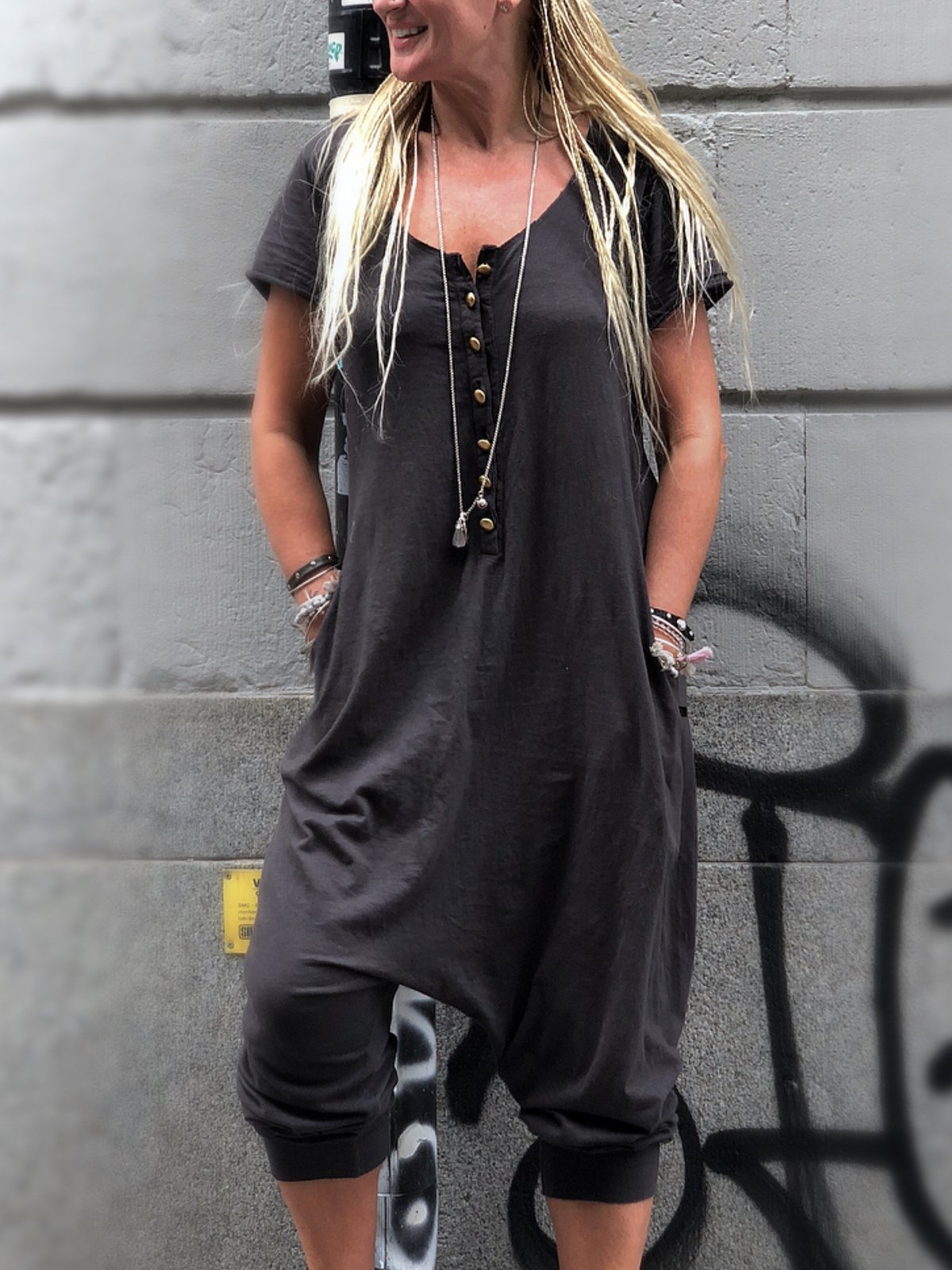 Schwarz Rundhals Unifarben Einfach & Basic Jumpsuits - Modetalente