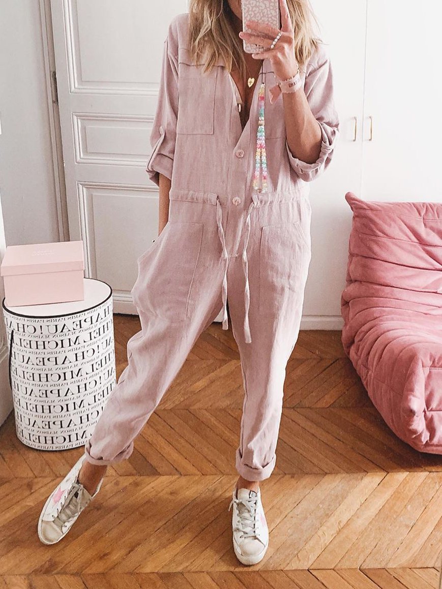 Pink Urlaub Leinen Hemdkragen Normal Jumpsuits - Modetalente