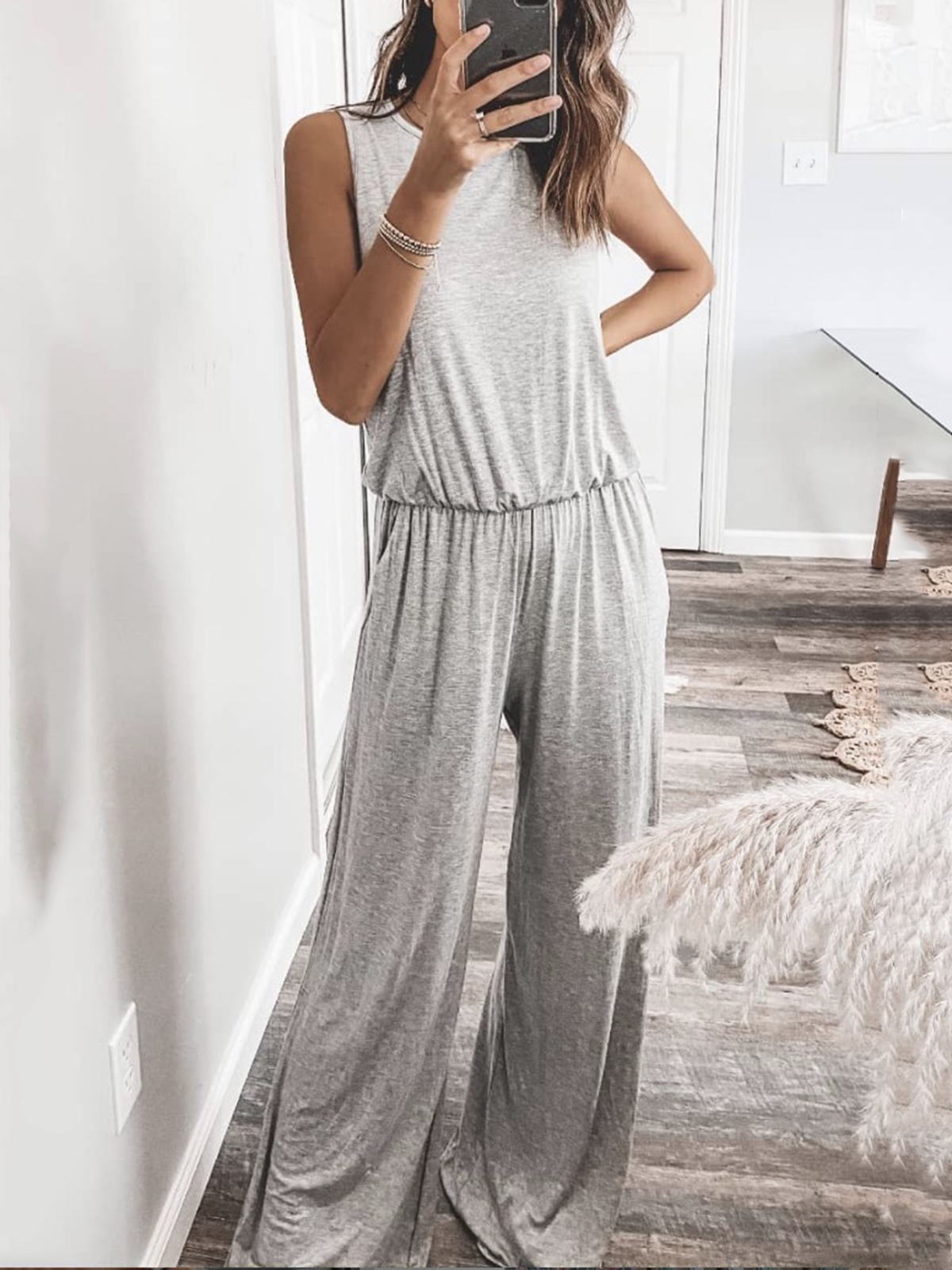 Grau Rundhals Baumwolle Ärmellos Jumpsuits - Modetalente