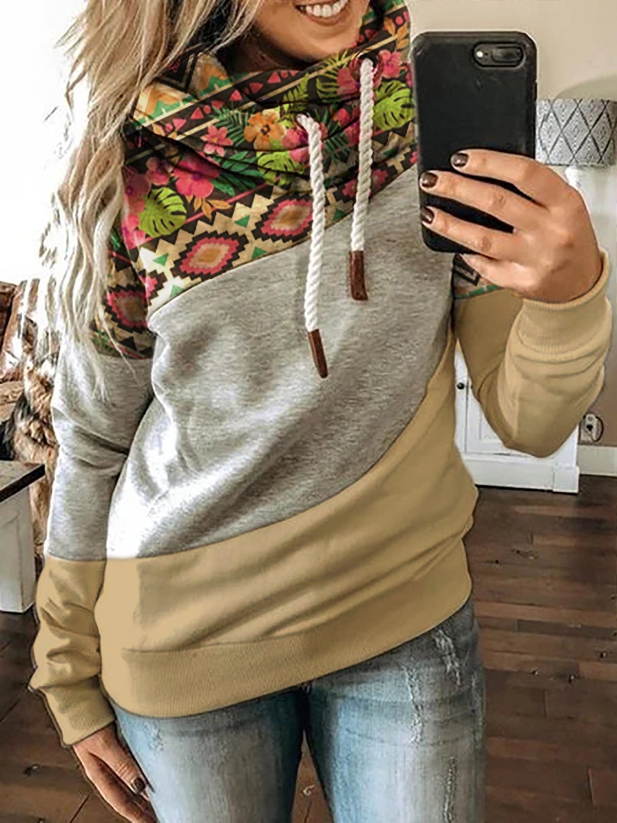 Modetalente Langarm 1 Weiß-Grün Damen Kapuzenpullover Rundhals Individualität Tc Farbblock Lässig Kapuzenpullover
