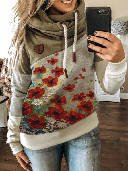 Modetalente Geblümt 1 Khaki Damen Kapuzenpullover Outdoor Kapuze Polyester Langarm Täglich Farbblock Kapuzenpullover