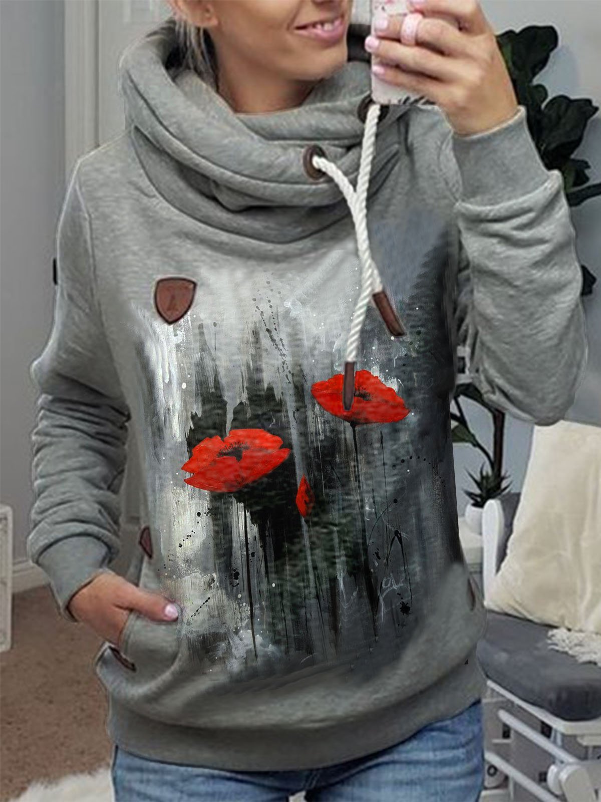Modetalente Geblümt 1 Grau Damen Kapuzenpullover Polyester Kapuze Lässig Langarm Print Täglich Kapuzenpullover