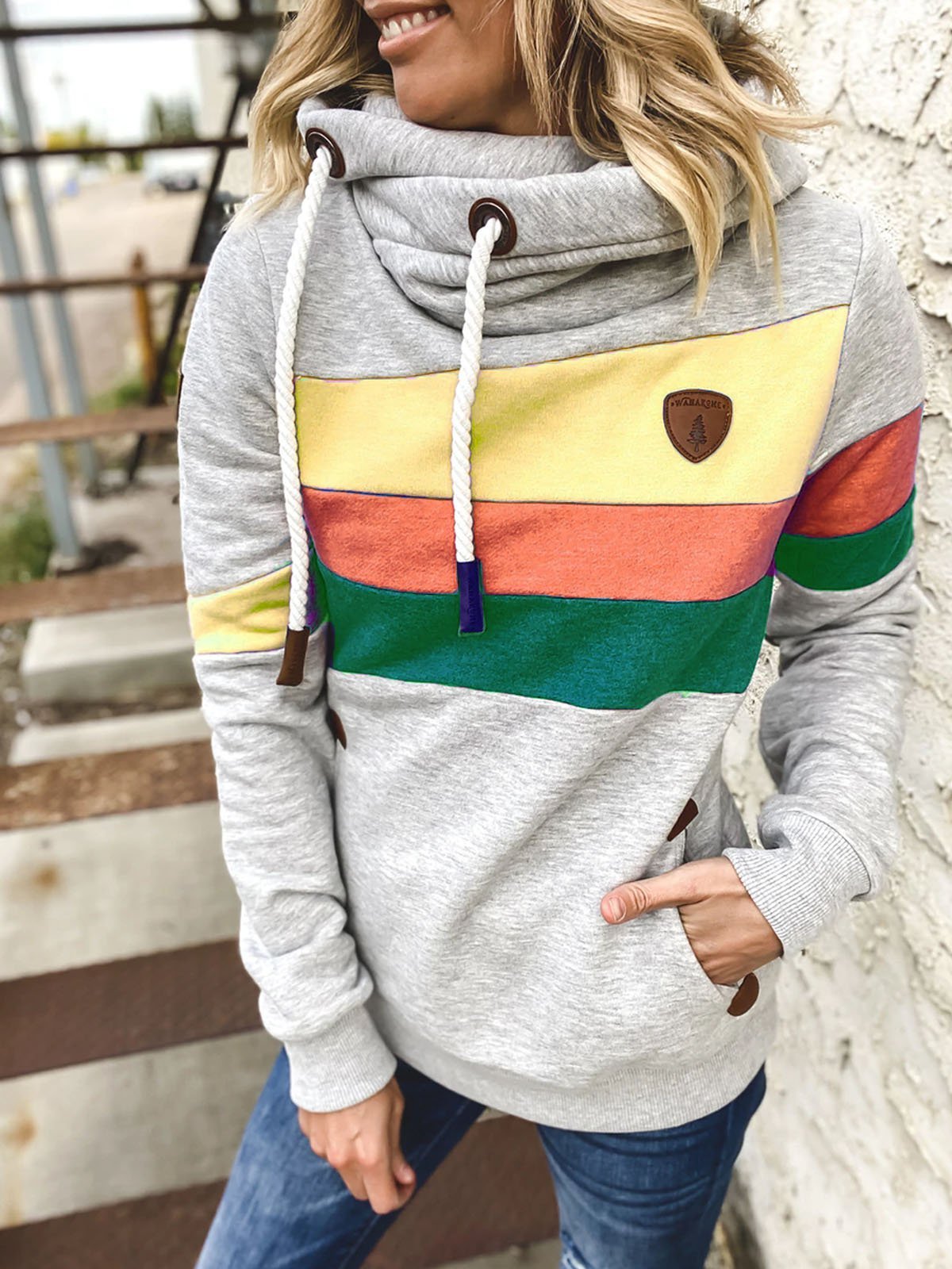 Modetalente Langarm 1 Hellgrau Damen Kapuzenpullover Lässig Baumwollgemisch Kapuze Farbblock Kapuzenpullover