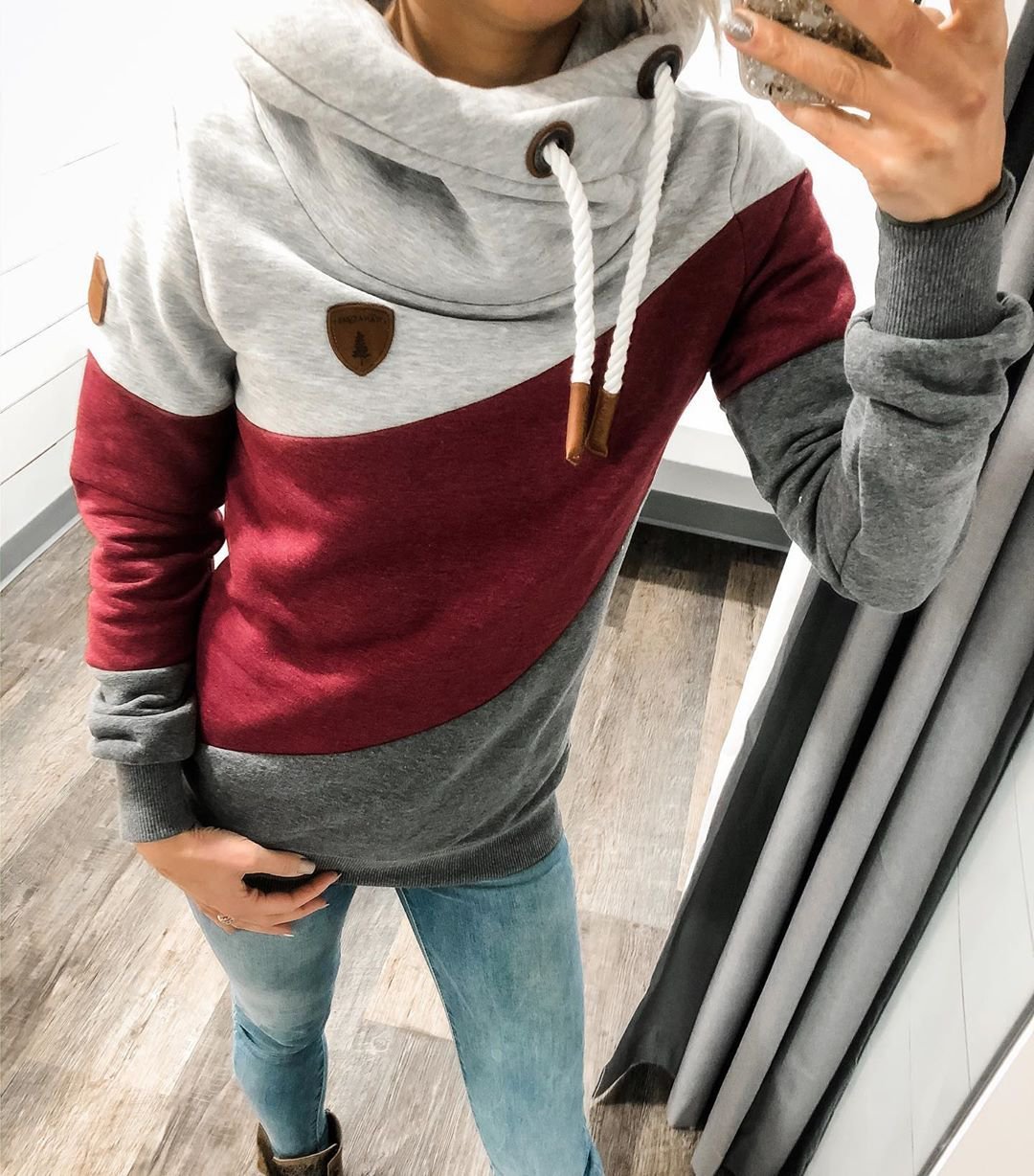 Modetalente Langarm 1 grau-rot Damen Kapuzenpullover Kapuze Lässig Baumwolle Täglich Kapuzenpullover