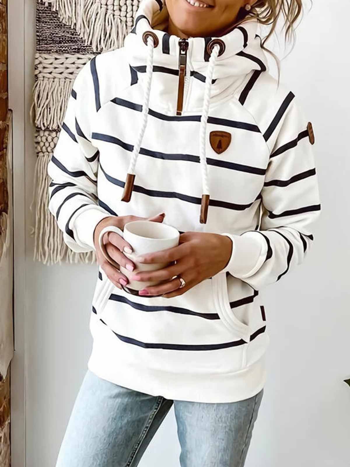 Modetalente Gestreift 1 Weiß Damen Kapuzenpullover Kapuze Baumwolle Lässig Langarm Kapuzenpullover