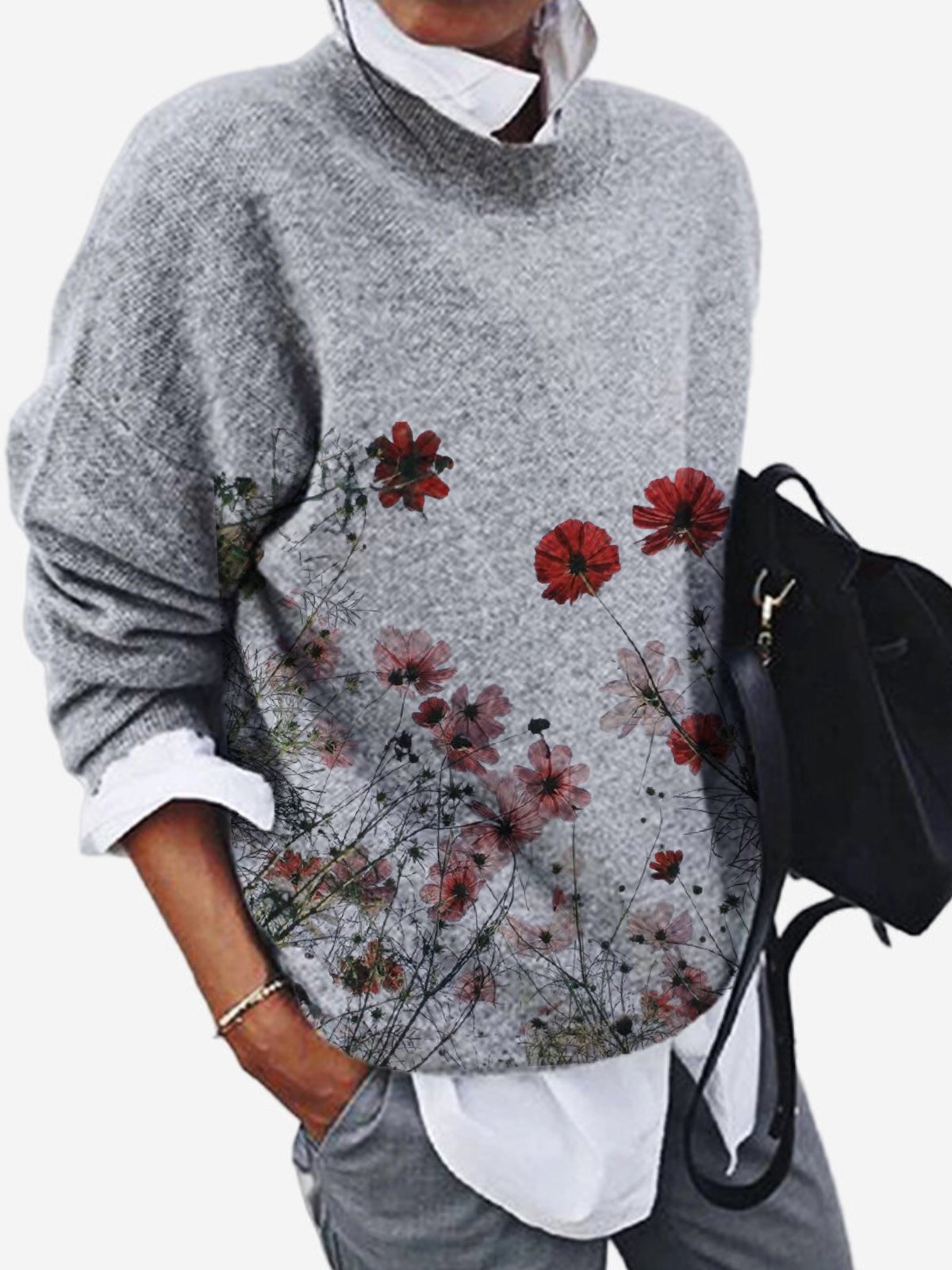 Modetalente Langarm 1 Grau Damen Pullover Polyester Einfach Rundhals Täglich Print Pullover