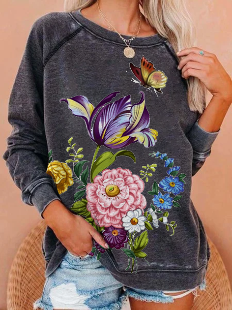 Modetalente Geblümt 1 Schwarzgrau Damen Kapuzenpullover Urlaub Rundhals Polyester Langarm Urlaub Print Kapuzenpullover
