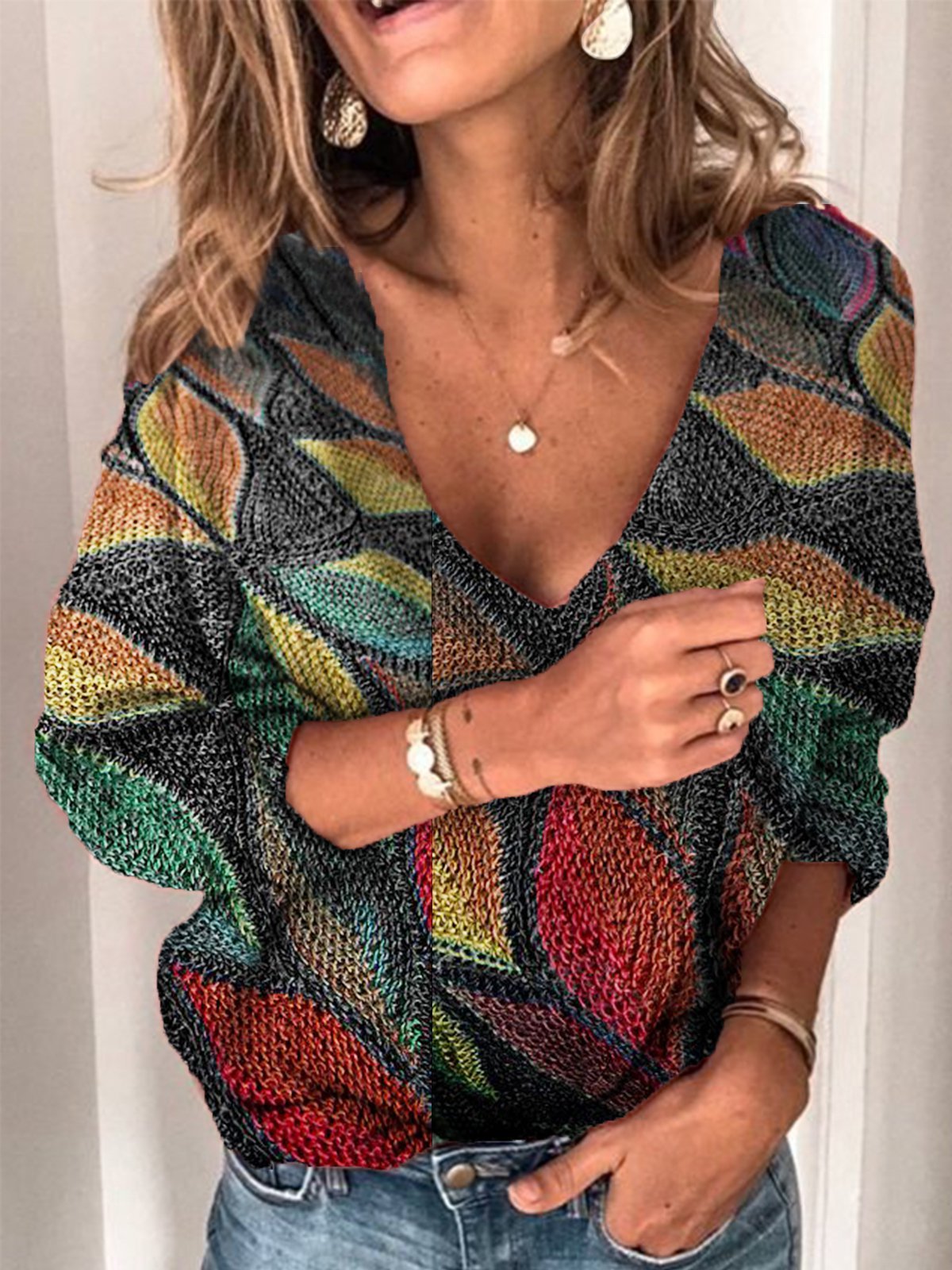 Modetalente Langarm 1 Multifarben Damen Pullover Retro V-Ausschnitt Polyester Täglich Print Pullover