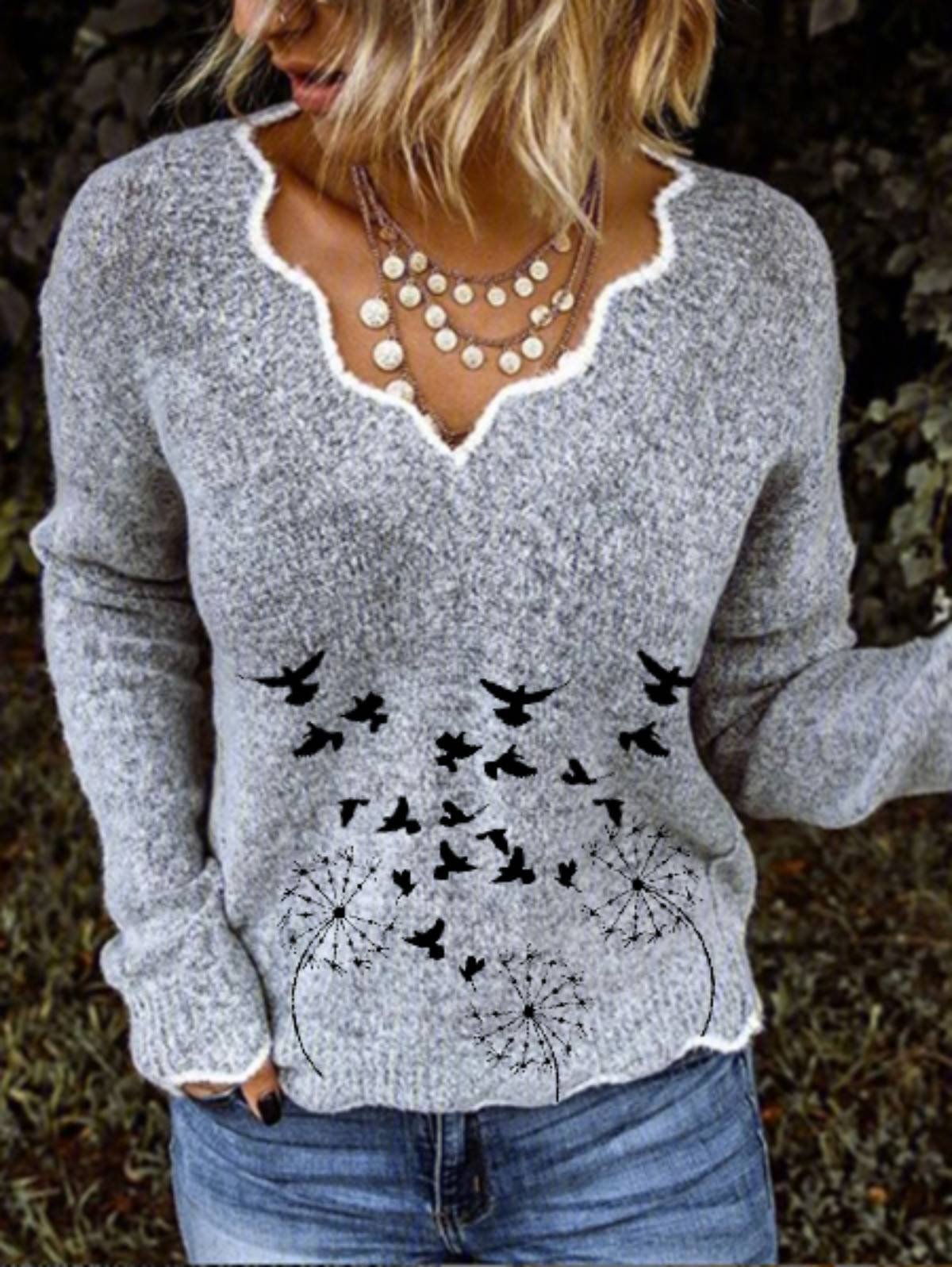 Modetalente Langarm 1 Grau Damen Pullover V-Ausschnitt Kaschmir Pullover