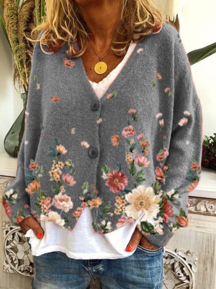 Modetalente Geblümt 1 Grau Damen Strickjacken Polyester Lässig V-Ausschnitt Langarm Täglich Strickjacken