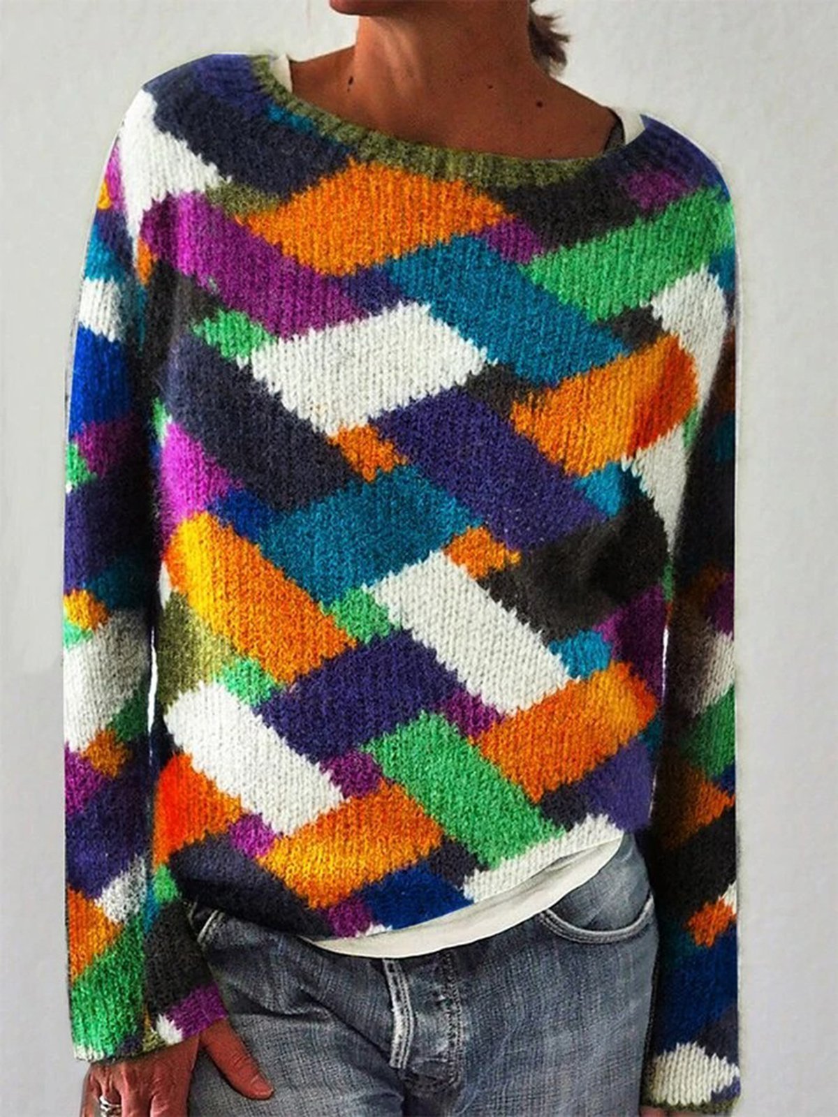 Modetalente Langarm 1 Multifarben Damen Pullover Rundhals Polyester Retro Lässig Gestrickt Pullover