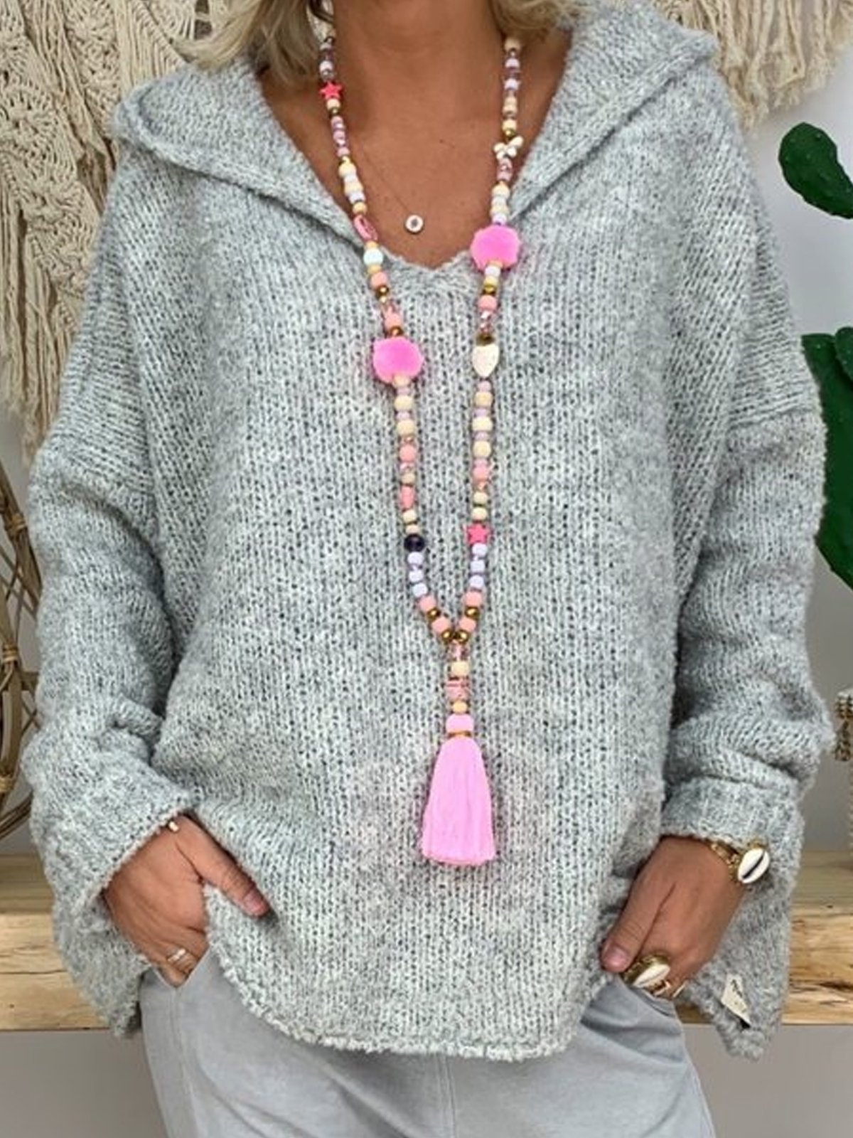 Modetalente Unifarben Lässiger Große Größen Strickpullover mit Kapuze