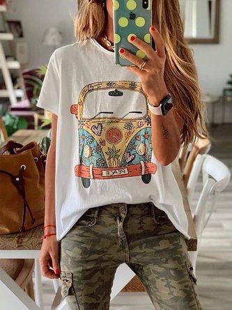 Damen Lässiges Print T-Shirt Rundhals mit Kurzarm