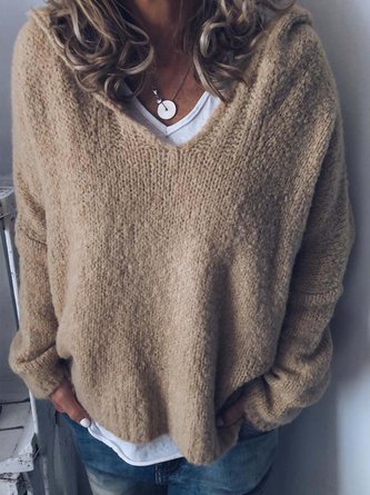 V-Ausschnitt Langarm Gestrickter Pullover mit Kapuze