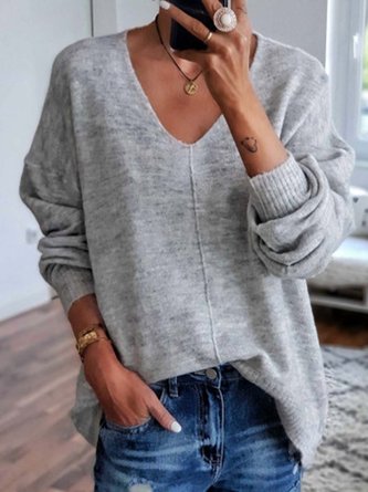 Langarm V-Ausschnitt Gestrickte Shirts Unifarben