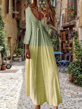 Damen Sommerkleider Günstig Farbverlauf Langarm Lässig V-Ausschnitt Maxikleid