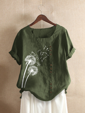 Pflanzen-Print Kurzarm Shirts mit Rundhals