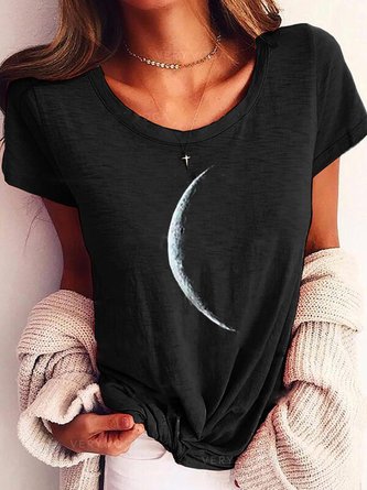 Schwarz Mond Print Verein Täglich Lässig Kurzarm Normal Shirts & Blusen&Shirts