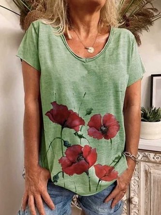 Grau Kurzarm Print Baumwolle T-Shirt