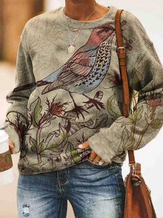 Retro Langarm Sweatshirts mit Blumen Vögel Print
