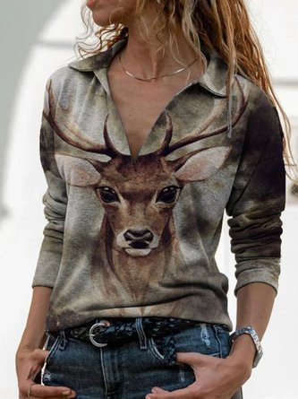 V-Ausschnitt Langarm Baumwolle Shirts & Blusen&Shirts
