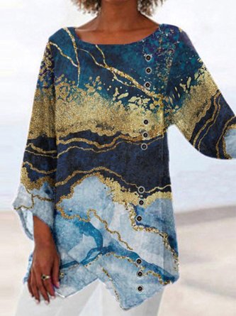 Retro Textur Geometrischer Print Blusen mit Rundhals
