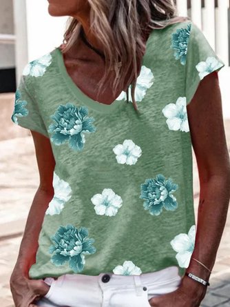 Geblümt Kurzarm Print Baumwollgemisch V-Ausschnitt Lässig Sommer Grün Bluse