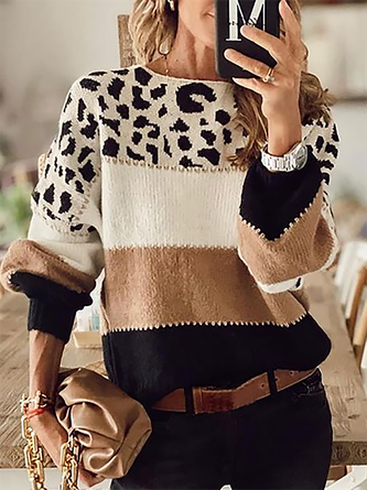 Große Größen Rundhals Leopard Langarm Pullover