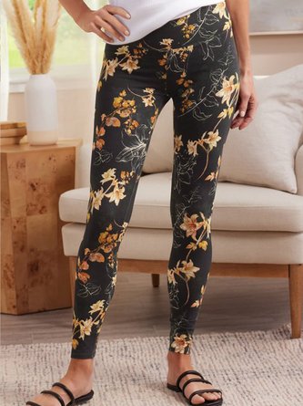 Lässig Geblümt Herbst Leicht Hoch Elastizität Mittlere Taille Gummiband Lang Regelmäßig Größe Leggings für Damen