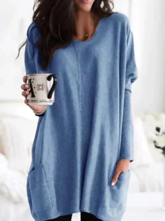 Einfarbiges damen shirt Lässig Langarmshirt Baumwolle mit Taschen